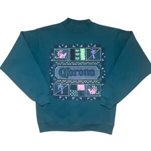 VTG 90s Corona Mock Neck Sweatshirt Geometric Palm Tree Logo Size M Teal